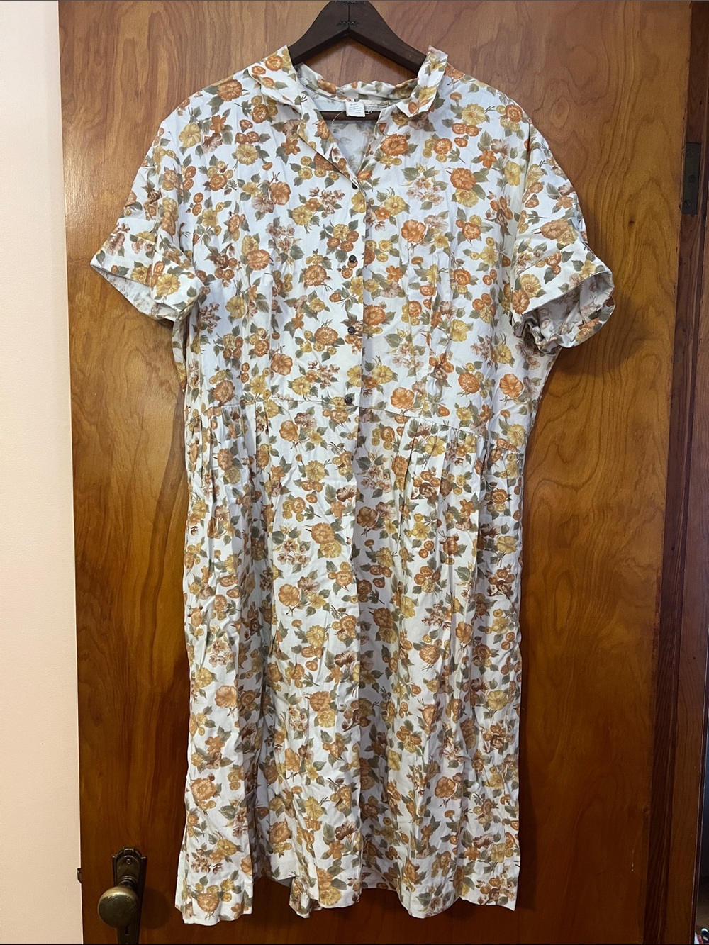 Vintage Floral Button-Front Cotton Midi Dress in Cream and Brown